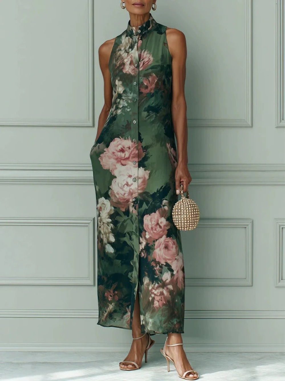 Vintage Dark Green Oil Painting Floral Halter Sleeveless Long Dress Button Slit - Picture 2 of 3